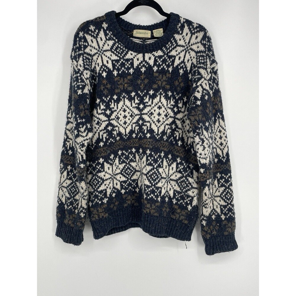 St Johns Bay Fair Isle Sweater Mens M Wool Blend Nordic Snowflake Vintage